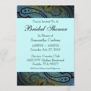 Teal Blue Paisley Peacock Bridal Shower Invitation
