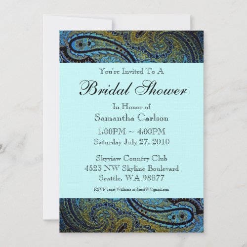 Teal Blue Paisley Peacock Bridal Shower Personalized Invitation