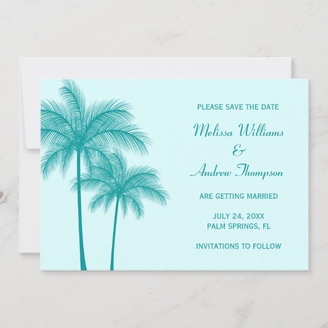 Teal Blue Palm Tree Save the Date Announcement (Front)