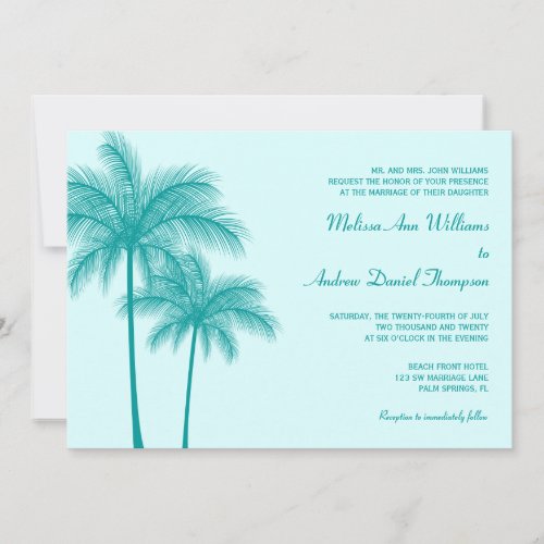 Teal Blue Palm Tree Tropical Wedding Personalized Invites