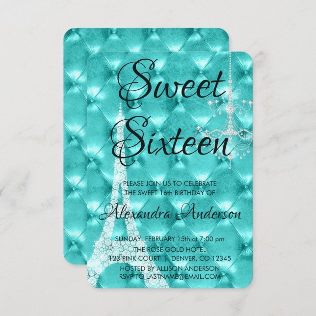 Teal Blue Paris Sweet Sixteen Birthday Party Invitation (Front/Back)