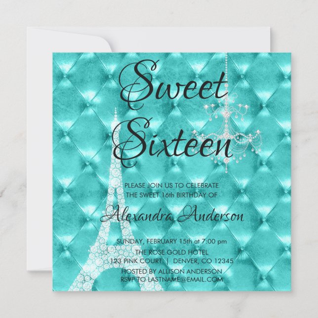 Teal Blue Paris Sweet Sixteen Birthday Party Invitation (Front)