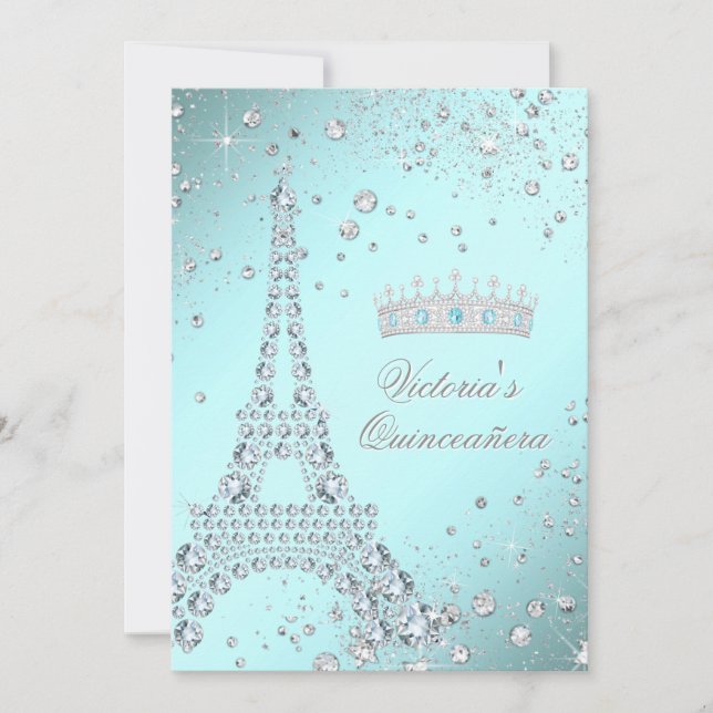 Teal Blue Paris Tiara Quinceanera Invitations (Front)