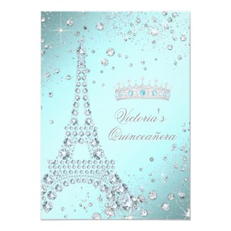 Teal Blue Paris Tiara Quinceanera Invitations