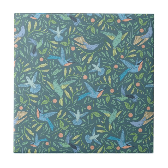 Teal, Blue, Peach Hummingbirds Ceramic Tile (Front)