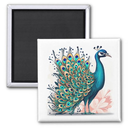 Teal Blue Peacock Art Illustration  Magnet