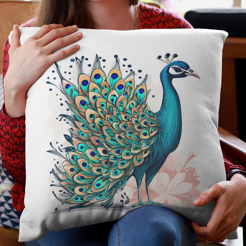 Teal Blue Peacock Bird Decorative Home Accent Throw Pillow