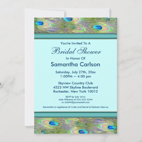 Teal Blue Peacock Bridal Shower Personalized Invite