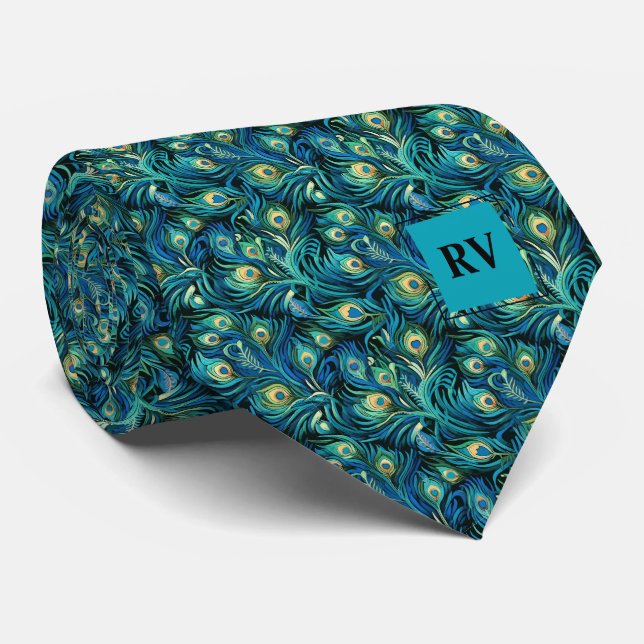 Teal Blue Peacock Feathers Wedding Neck Tie (Rolled)