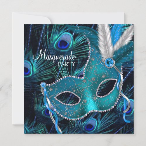 Teal Blue Peacock Mask Masquerade Party Personalized Announcement
