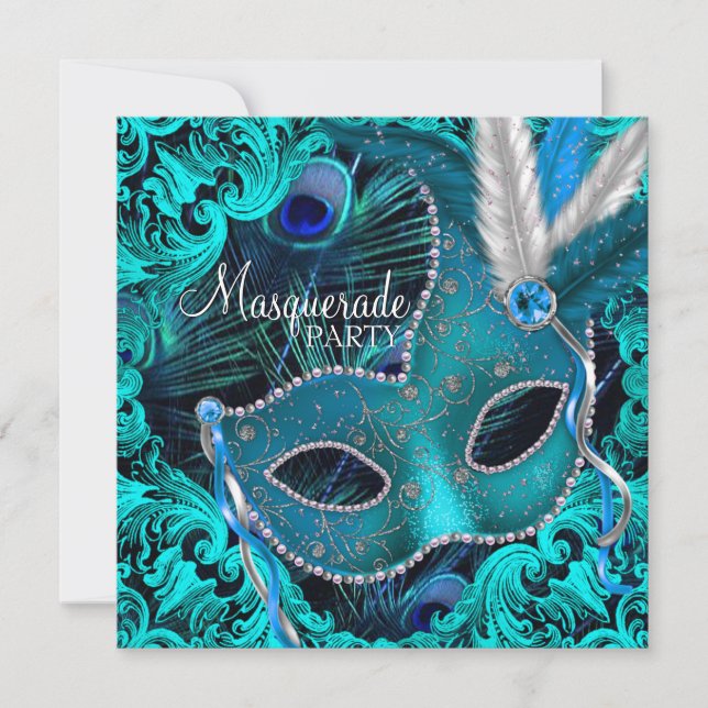 Teal Blue Peacock Mask Masquerade Party Invitation (Front)