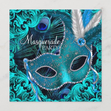 Teal Blue Peacock Mask Masquerade Party Invitation