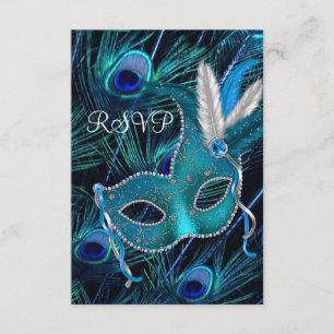 Teal Blue Peacock Mask Masquerade Party RSVP