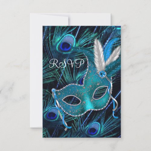 Teal Blue Peacock Mask Masquerade Party RSVP