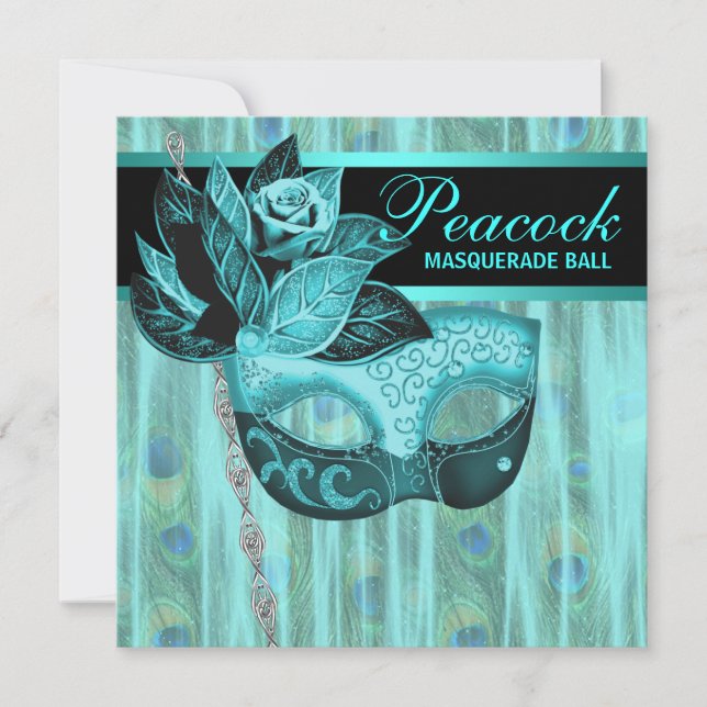 Teal Blue Peacock Masquerade Party Invitation (Front)