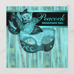Teal Blue Peacock Masquerade Party Invitation