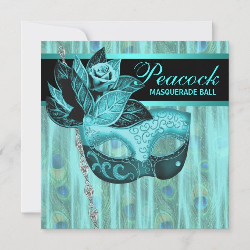 Teal Blue Peacock Masquerade Party Invitation