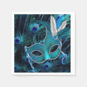 Teal Blue Peacock Masquerade Party Paper Napkins