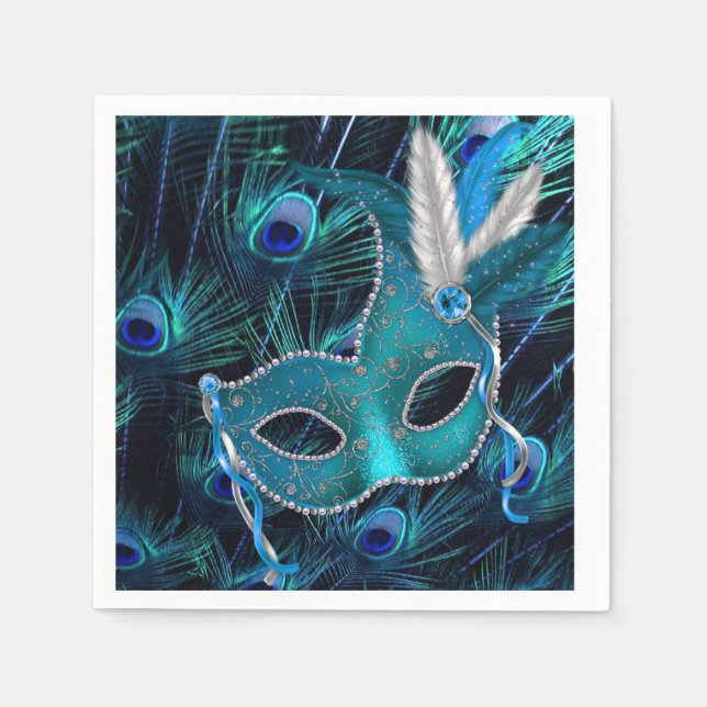 Teal Blue Peacock Masquerade Party Paper Napkins (Front)