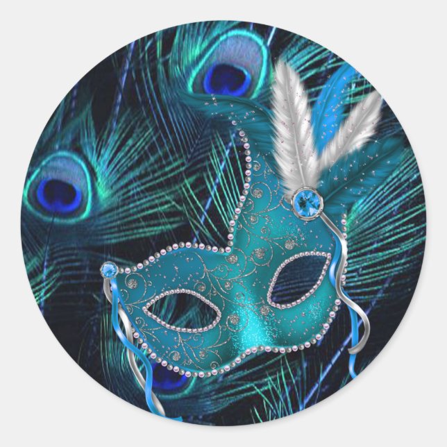 Teal Blue Peacock Masquerade Party Stickers (Front)