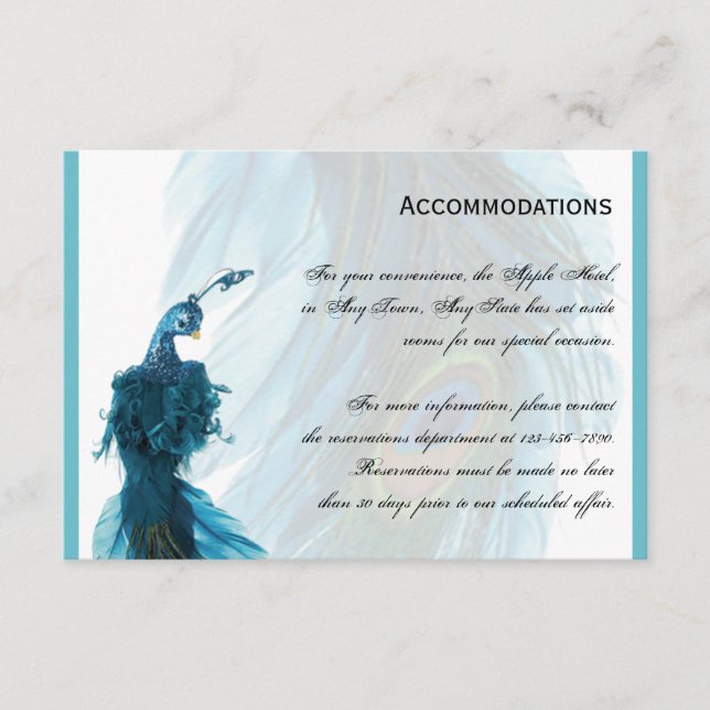 Teal Blue Peacock Plume Accomodations Enclosure Card (Front)