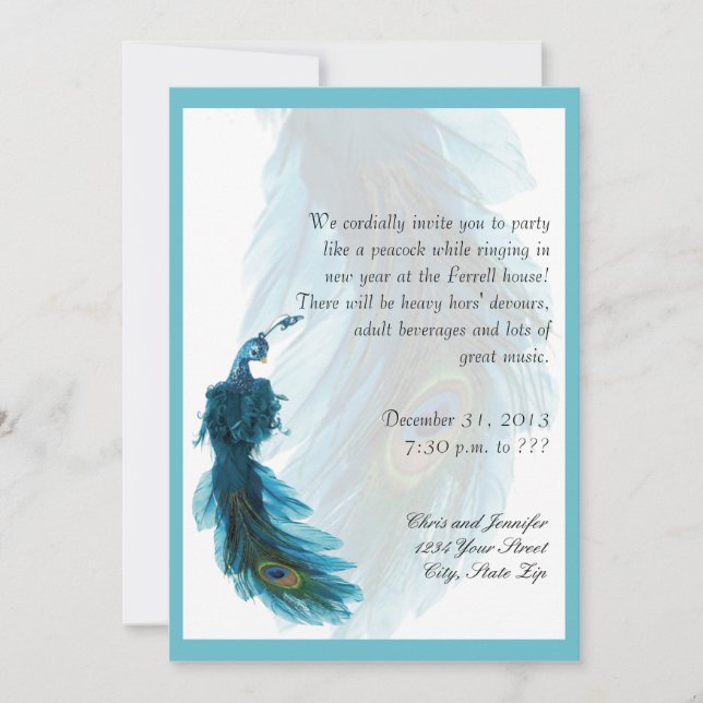 Teal Blue Peacock Plume New Years Eve Invitation (Front)