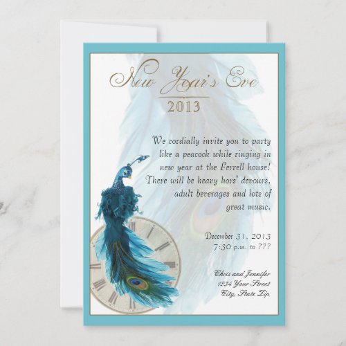 Teal Blue Peacock Plume New Years Eve Card
