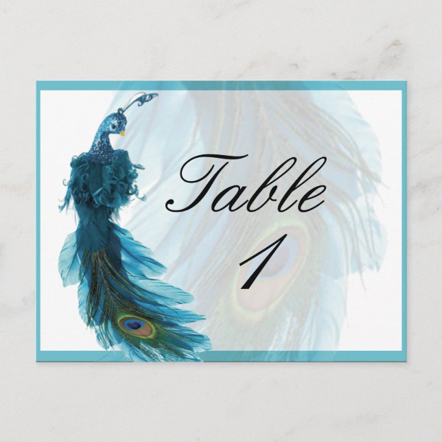 Teal Blue Peacock Plume Table Number (Front)