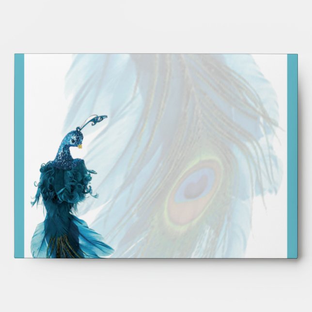 Teal Blue Peacock Plume Wedding Envelope (Front)