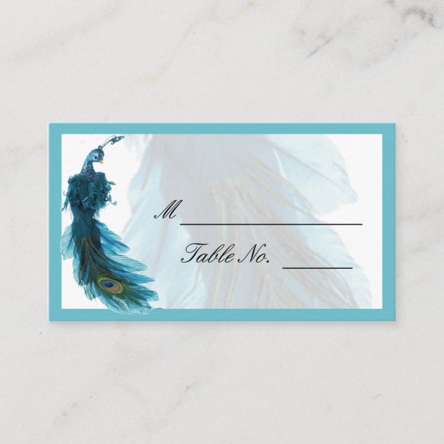 Teal Blue Peacock Plume Wedding Place Card (Front)