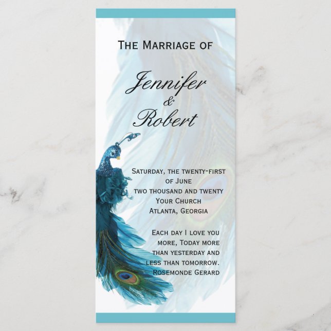 Teal Blue Peacock Plume Wedding Program (Front)