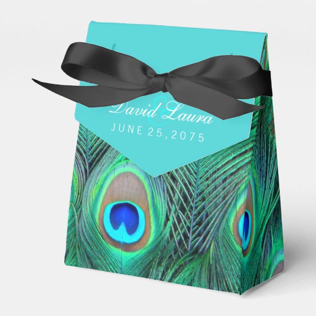 Teal Blue Peacock Wedding Favor Boxes (Front Side)