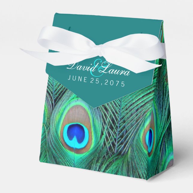 Teal Blue Peacock Wedding Favor Boxes (Front Side)