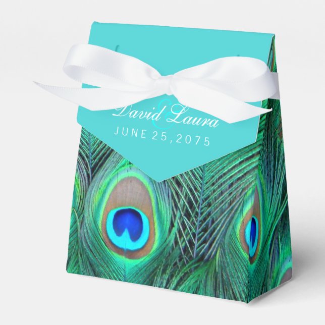 Teal Blue Peacock Wedding Favor Boxes (Front Side)