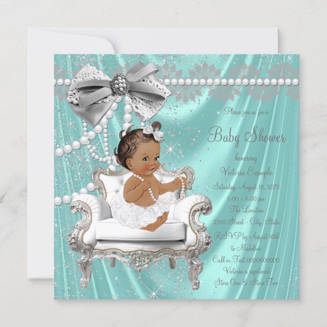 Teal Blue Pearl Chair Ethnic Girl Baby Shower Invitation (Front)