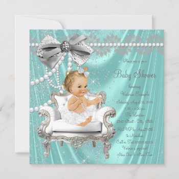 Teal Blue Pearl Chair Girl Baby Shower Invitation by The_Vintage_Boutique at Zazzle