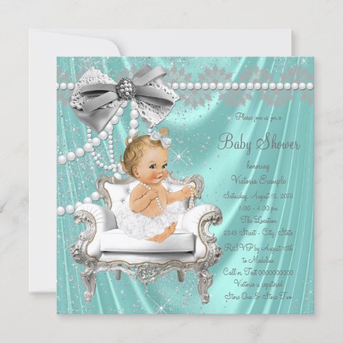 Teal Blue Pearl Chair Girl Baby Shower Invitation