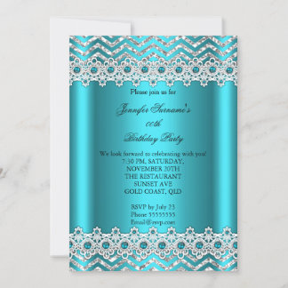 Teal Blue Pearl Chevron Silver Birthday Party Invitation