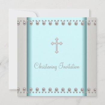 Teal Blue Pearl Cross Baby Baptism Christening Invitation by BabyCentral at Zazzle