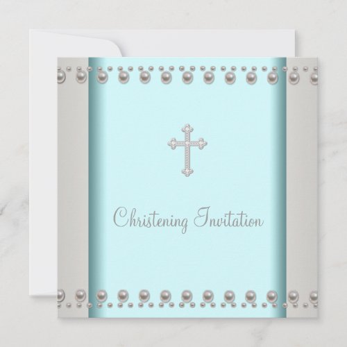 Teal Blue Pearl Cross Baby Baptism Christening Invitation