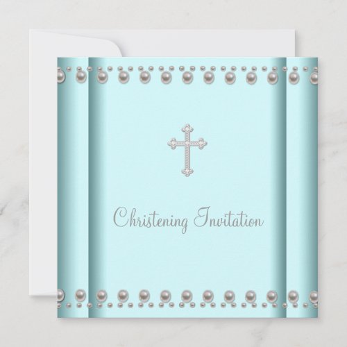 Teal Blue Pearl Cross Baby Boy Girl Christening Personalized Announcements