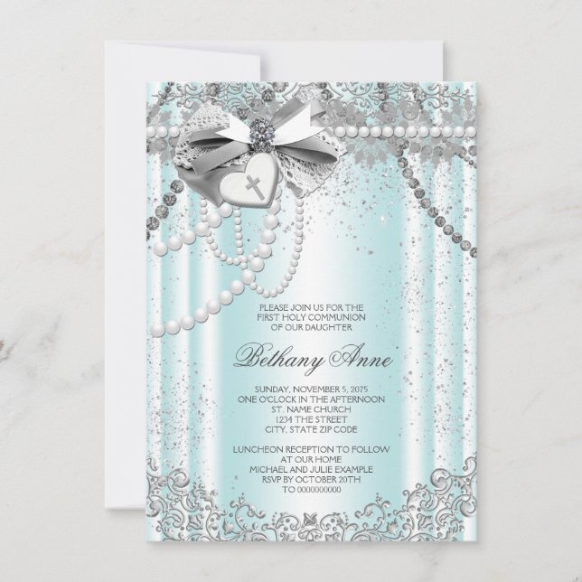 Teal Blue Pearl Cross First Communion Invitation (Front)