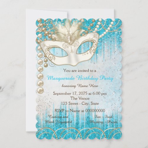 Teal Blue Pearl Watercolor Masquerade Party Invitation