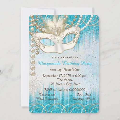 Teal Blue Pearl Watercolor Masquerade Party Invitation