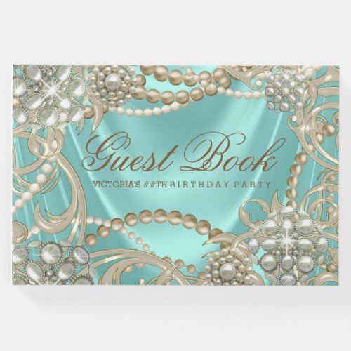 Teal Blue Pearl Womans Birthday Party Guest Book