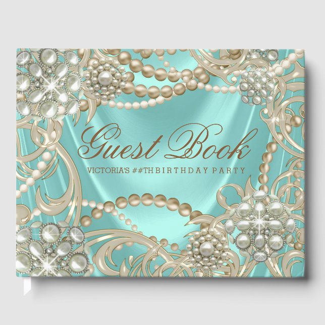 Teal Blue Pearl Womans Birthday Party Guest Book (Front)