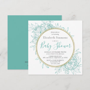 Teal Blue Peony Modern Floral Toile Baby Shower Invitation