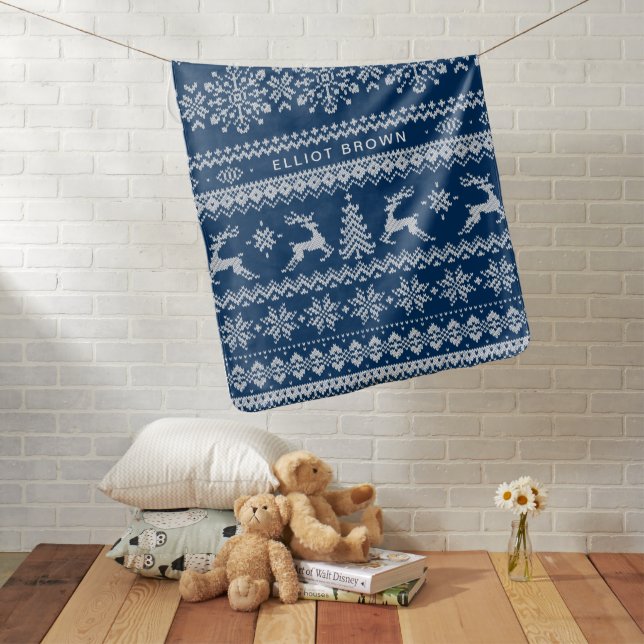 Teal Blue Personalized Name Christmas Sweater Baby Blanket (In Situ)