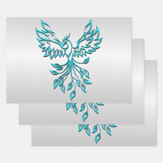Teal Blue Phoenix on Silver Wrapping Paper Sheets (Set)