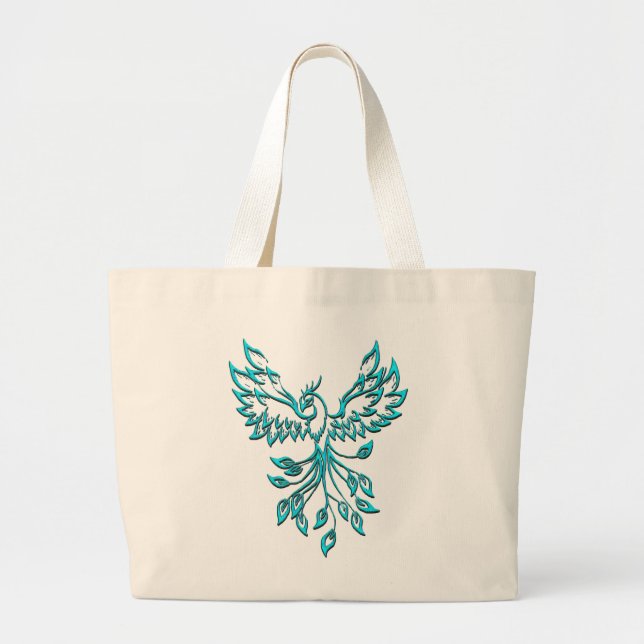 Teal Blue Phoenix Rises Large Tote Bag (Front)